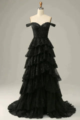 Sparkly Black Off The Shoulder Long Tiered Corset Prom Dress With Sequin