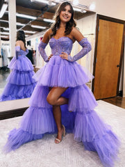 A-Line Asymmetrical Strapless Tiered Tulle Prom Dress