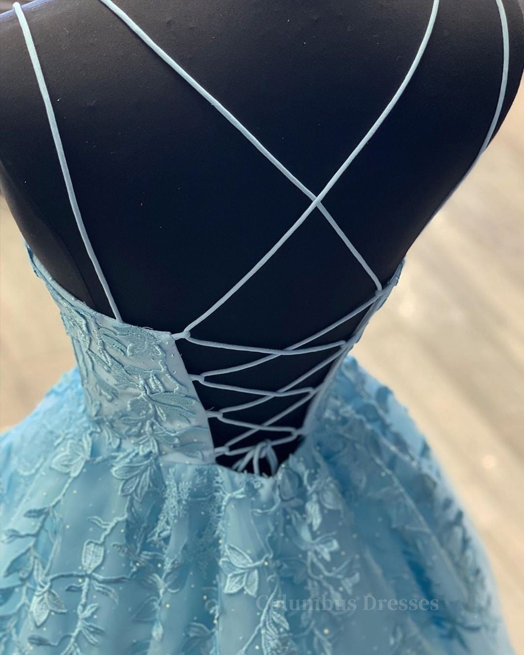 Party Dress Baby, A Line Backless Lace Long Sky Blue Prom Dress, Backless Sky Blue Lace Formal Dress, Sky Blue Evening Dress