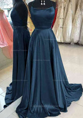 Prom Dress Long Sleeved, A-line Bateau Spaghetti Straps Sweep Train Charmeuse Prom Dress