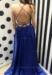 Party Dress For Teens, A-line Bateau Spaghetti Straps Sweep Train Charmeuse Prom Dress With Split