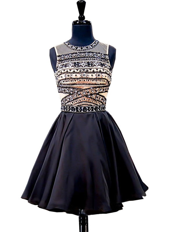 A-line Beaded Crystals Backless Black Short Homecoming Dress