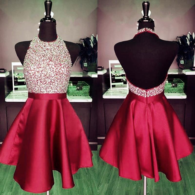 Prom Dresses Under 206, A-line Beaded Halter Satin Prom Dresses Short Open Back Homecoming Dresses