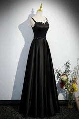 A-line Black Satin Straps Long Formal Dress, Black Simple Prom Dress