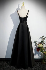 A-line Black Satin Straps Long Formal Dress, Black Simple Prom Dress