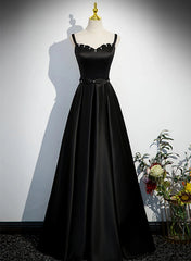 A-line Black Satin Straps Long Formal Dress, Black Simple Prom Dress