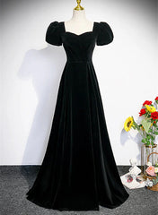 A-line Black Short Sleeves Velvet Long Party Dress, Black Simple Bridesmaid Dress