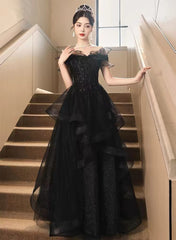 A-line Black Tulle and Lace Off Shoulder Party Dress, Black Long Formal Dress