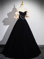 A-Line Black Velvet Long Prom Dress, Black Long Evening Dress