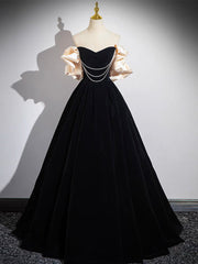 A-Line Black Velvet Long Prom Dress, Black Long Evening Dress