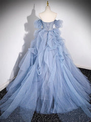 A-line Blue Tulle Long Prom Dress, Blue Long Evening Dress