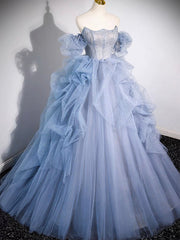 A-line Blue Tulle Long Prom Dress, Blue Long Evening Dress