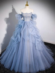 A-line Blue Tulle Long Prom Dress, Blue Long Evening Dress