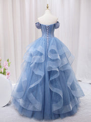 Prom Dress Cheap, A-Line Blue Tulle Long Prom Dress, Blue Sweet 16 Dress