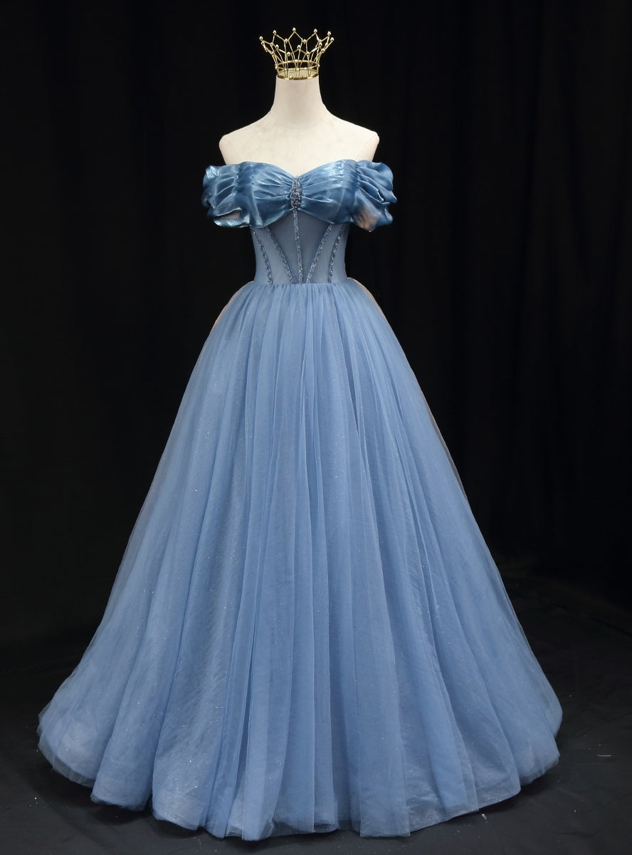 A-line Blue Tulle Off the Shoulder Beading Pleats Prom Dress