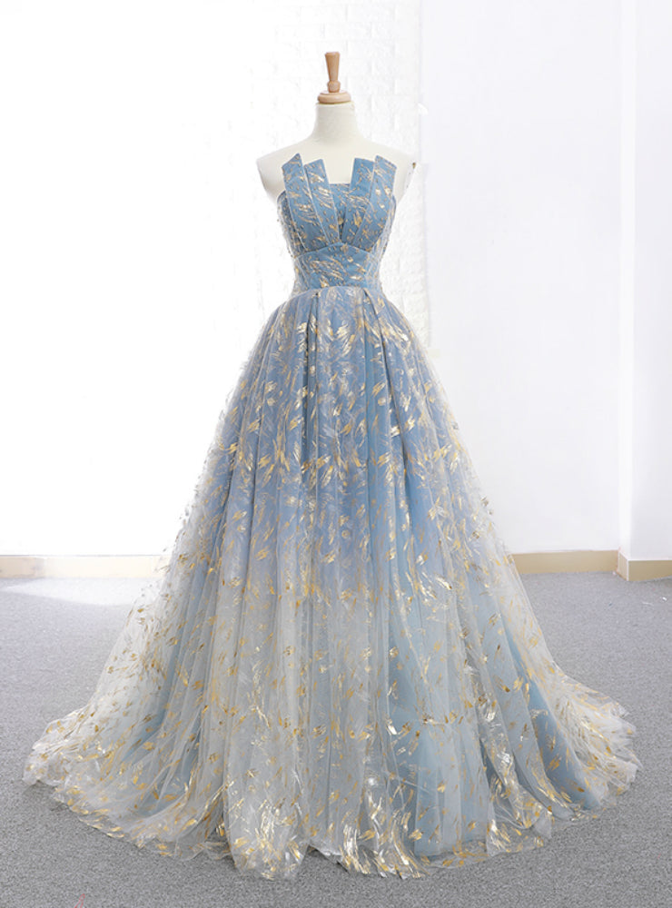 A-Line Blue Tulle Strapless Neck Floor Length Wedding Dress