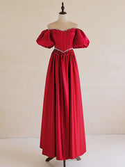 Homecoming Dresses Classy Elegant, A-Line Burgundy Satin Puff Sleeves Long Prom Dress, Burgundy Formal Evening Dress