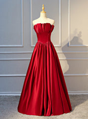 A-Line Burgundy Satin Strapless Pleats Long Prom Dress