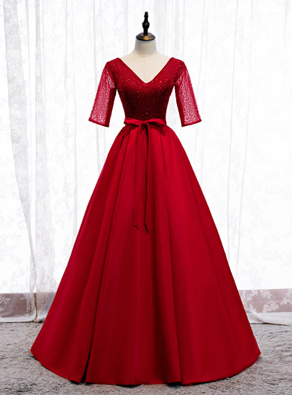 A-Line Burgundy Satin V-neck Short Sleeve Sequins Prom Dress