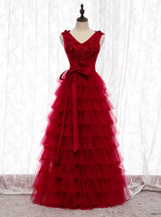 A-Line Burgundy Tulle Tiers Appliques Beading Prom Dress