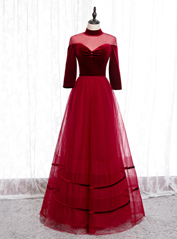 A-Line Burgundy Tulle Velvet High Neck Long Sleeve Prom Dress