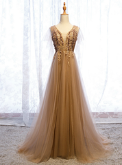 A-Line Champagne Tulle V-neck Backless Appliques Prom Dress