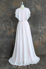 A-Line Chiffon Satin Ruffles Sheath V-Neck Long Bridesmaid Dress with Short Sleeves