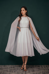 Party Dress High Neck, A-Line Crew Tea Length Chiffon Beaded Waist Mother of The Bride Dresses