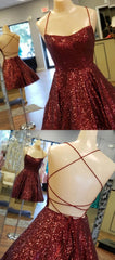 Prom Dresses Designers, A Line Criss Cross Straps Back Burgundy Sequins Homecoming Dress