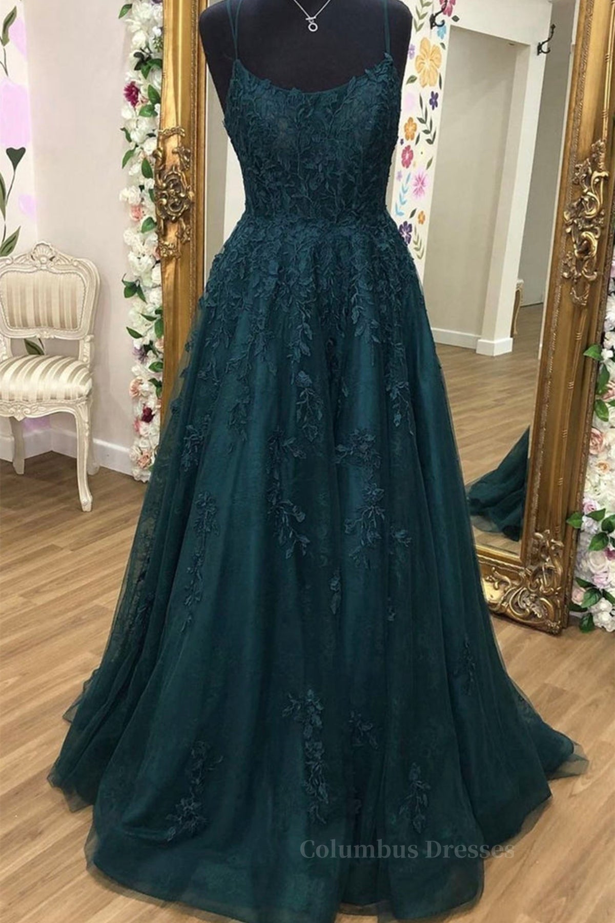 Bridesmaids Dress Mismatched, A Line Dark Green Tulle Lace Long Prom Dress, Dark Green Lace Formal Graduation Evening Dress