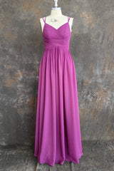 A-line Floor Length V Neck Spaghetti Straps Pleating Long Chiffon/Lace Bridesmaid Dresses