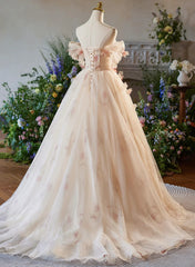 A-line Floral  Champagne Tulle Long Prom Dress, Elegant A-Line Formal Evening Dress