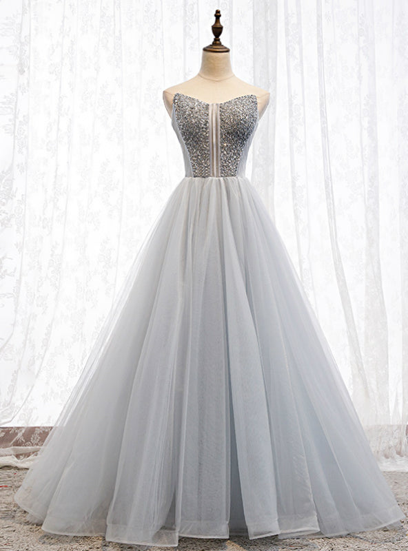 A-Line Gray Tulle Sweetheart Beading Prom Dress