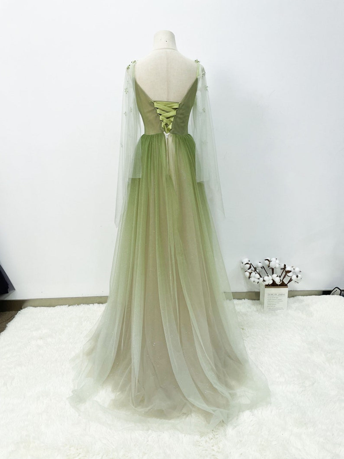 Prom Dress 2019, A-line Green Gradient Puffy Sleeves Tulle Long Party Dress, Green Long Prom Dress