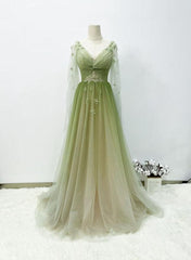 Prom Dresses Cute, A-line Green Gradient Puffy Sleeves Tulle Long Party Dress, Green Long Prom Dress