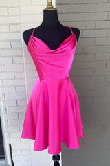 A Line Hot Pink Cowl Neck Lace-Up Short Homecoming Dress