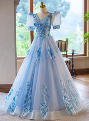 A-Line Light Blue Tulle With Lace Short Sleeves Prom Dress, Tulle Sweet 16 Dress