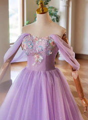 A-Line Light Purple Sweethart Lace Applique Party Dress, Purple Long Prom Dress