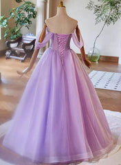 A-Line Light Purple Sweethart Lace Applique Party Dress, Purple Long Prom Dress