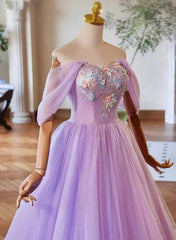 A-Line Light Purple Sweethart Lace Applique Party Dress, Purple Long Prom Dress