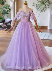 A-Line Light Purple Sweethart Lace Applique Party Dress, Purple Long Prom Dress