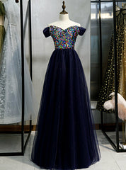 A-Line Navy Blue Tulle Sequins Off the Shoulder Prom Dress