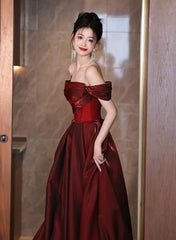 A-line Off Shoulder Beaded Wine Red Satin Prom Dress, Wine Red Party Dress