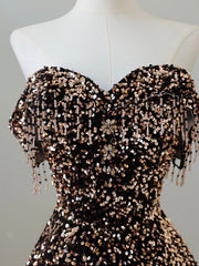 A-Line Off Shoulder Coffee Gold Sequin Long Prom Dress, Coffee Gold Formal Dress