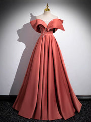 A-Line Off Shoulder Off Shoulder Satin Long Prom Dress, Watermelon Red Long Formal Dress