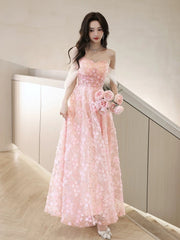 A-Line Off Shoulder Pink Long Prom Dress, Pink Long Graduation Dress