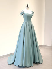 A-Line Off Shoulder Satin Blue Long Prom Dress, Blue Long Evening Dress