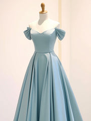 A-Line Off Shoulder Satin Blue Long Prom Dress, Blue Long Formal Dress