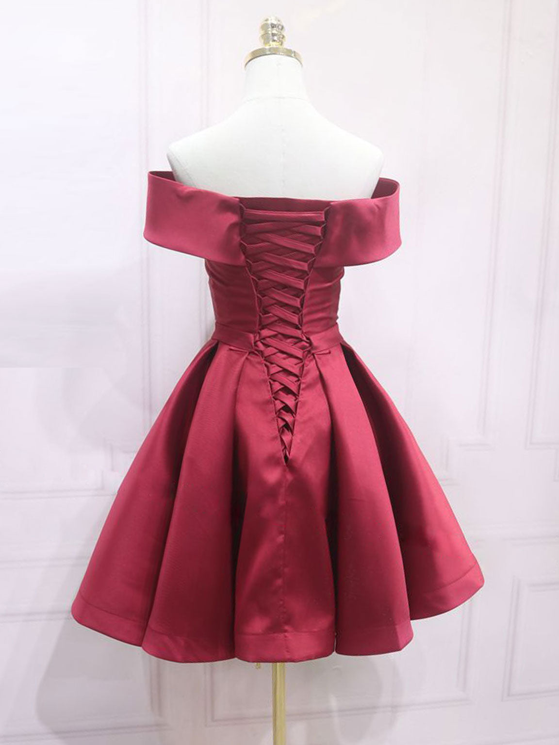 Yellow Dress, A-Line Off Shoulder Satin Burgundy Short Prom Dress, Burgundy Homecoming Dress