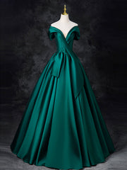 A-Line Off Shoulder Satin Green Long Prom Dress, Green Long Formal Dress